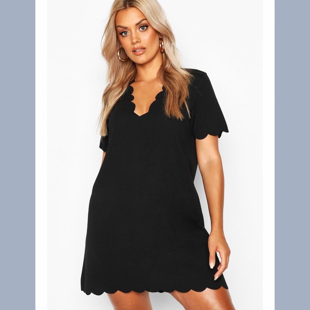 BooHoo Plus Scallop Edge V Neck Shift Dress Black